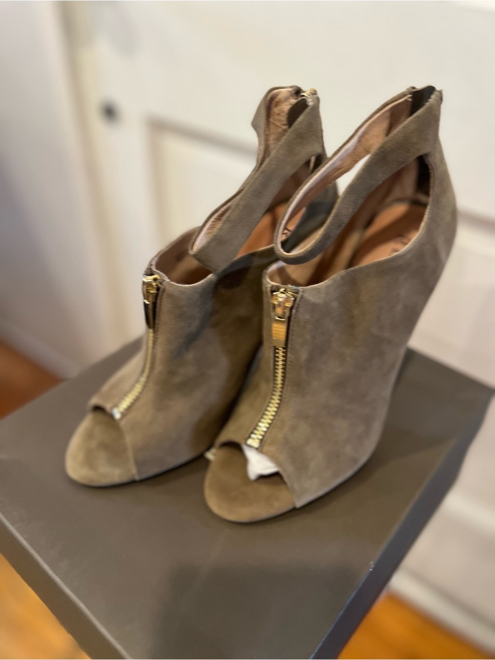 Renvy Ellis Olive Kid Suede Peep-Toe Stiletto Booties with Gold Zipper